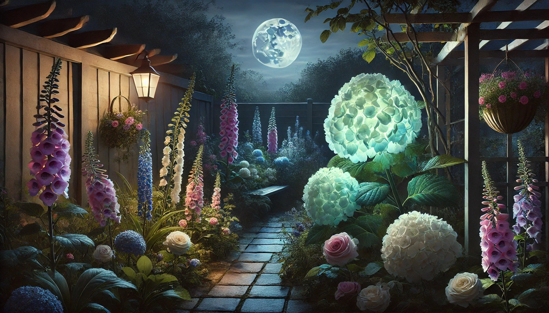 Romantic night garden in cottagecore style with glowing hydrangea blooms among other vintage flowers