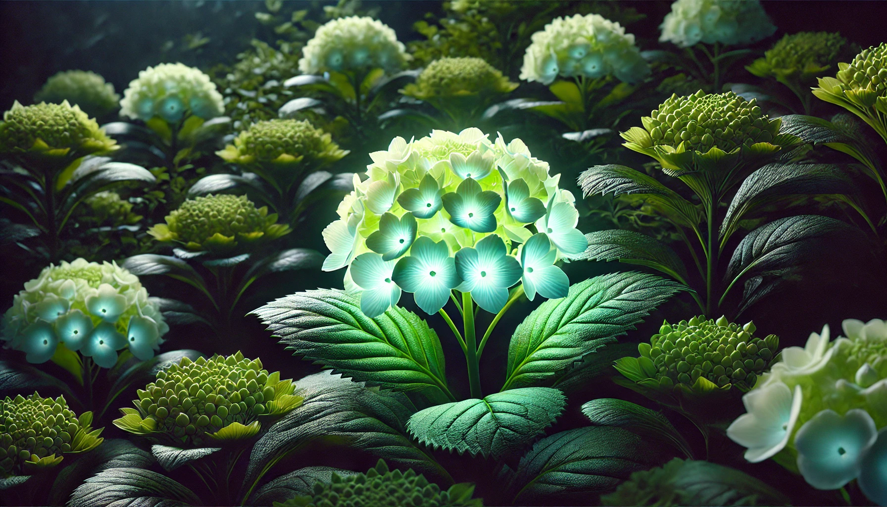 Illustrated concept of a glow-in-the-dark hydrangea flower glowing in a night garden setting