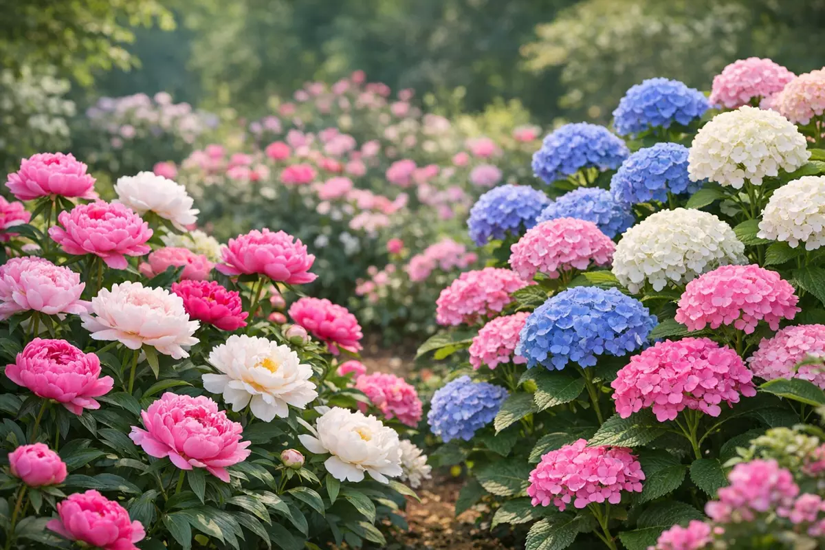 Garden with Peonies and Hydrangeas